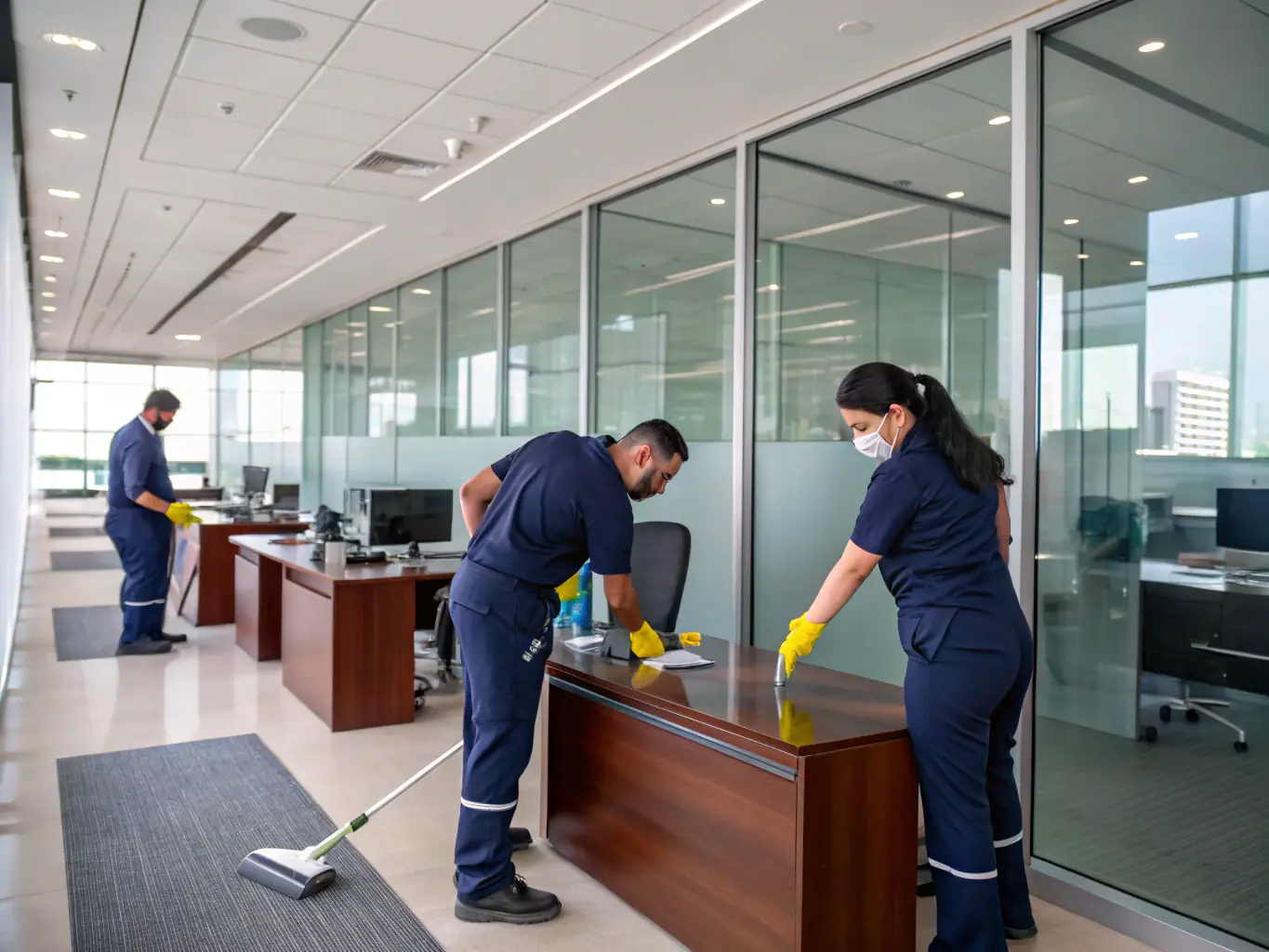 A professional cleaning team in uniform working inside a modern office building with cleaning equipment, showcasing commercial cleaning services.