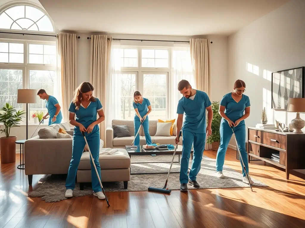 A clean, modern villa with a team of cleaners tidying up a spacious living room, highlighting residential cleaning services.