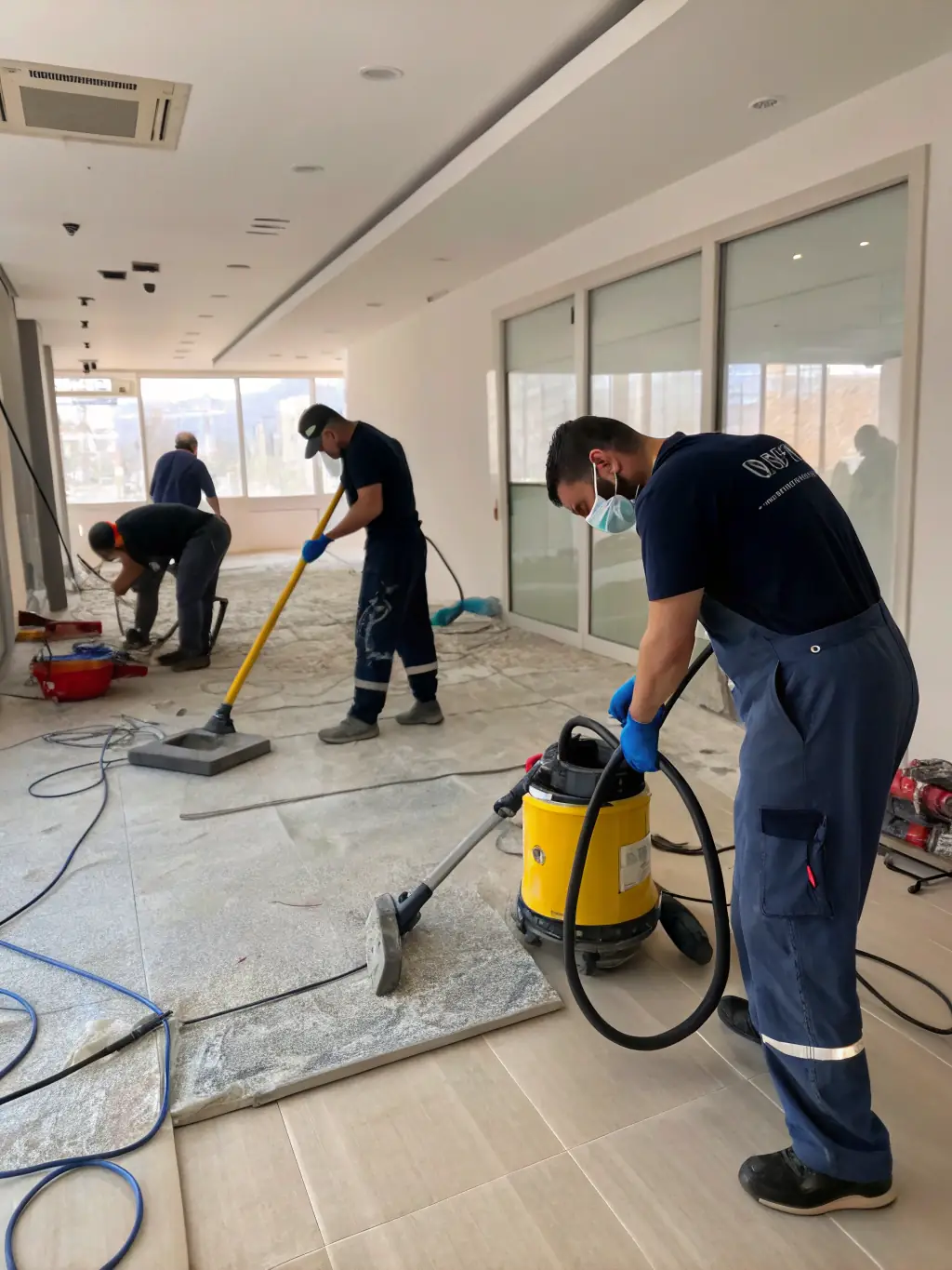 A photo of a team efficiently managing waste in a commercial building, highlighting their comprehensive maintenance services.