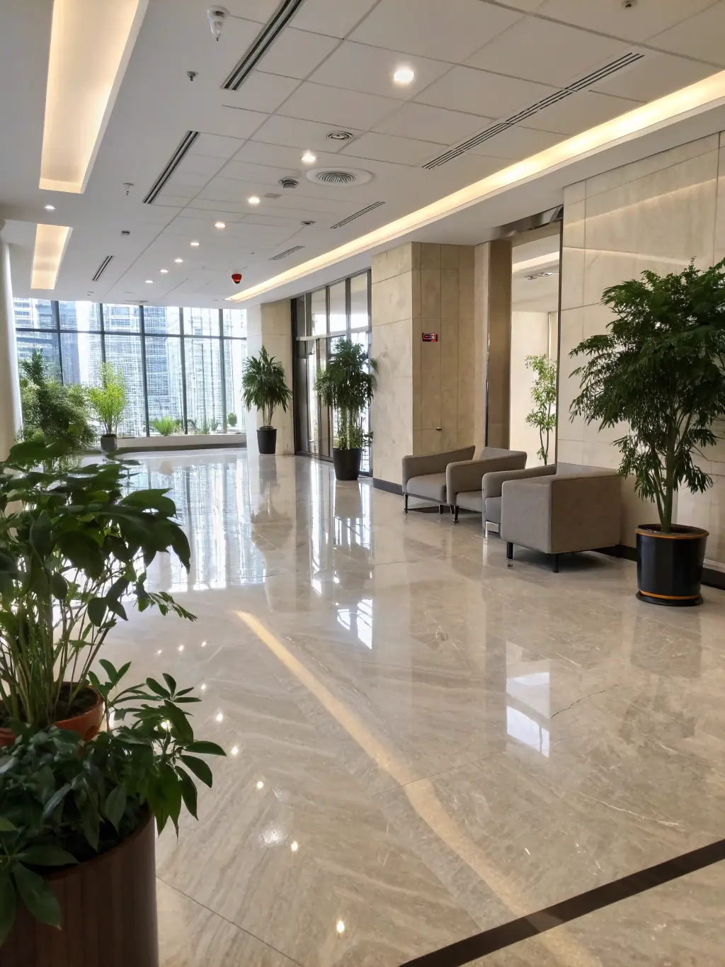 A photo of a cleaning crew meticulously cleaning a hotel lobby, showcasing their attention to detail and professionalism.