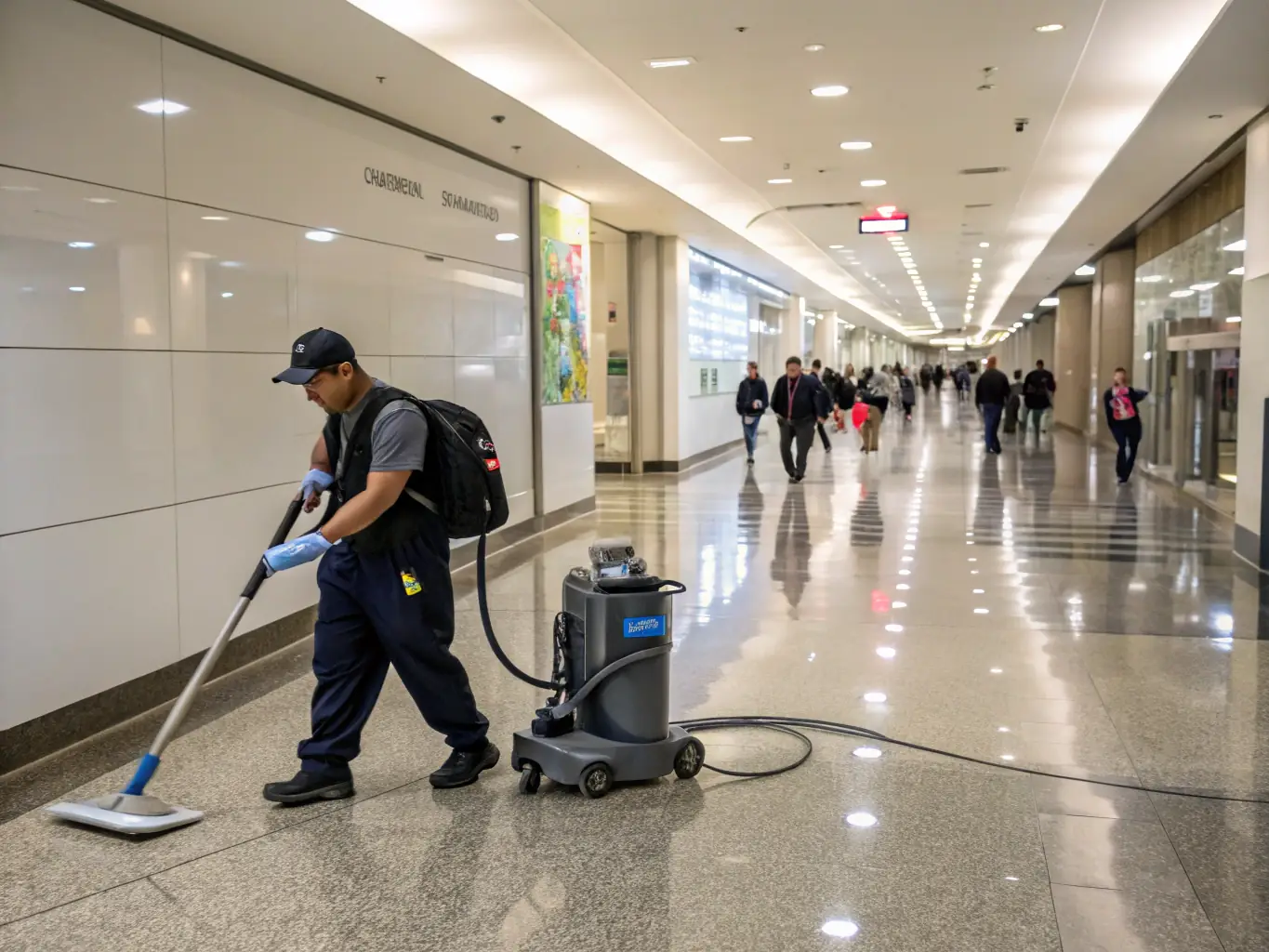 A worker polishing a floor, demonstrating the specialized maintenance services offered by J E N BUILDING CLEANING SERVICES LLC.