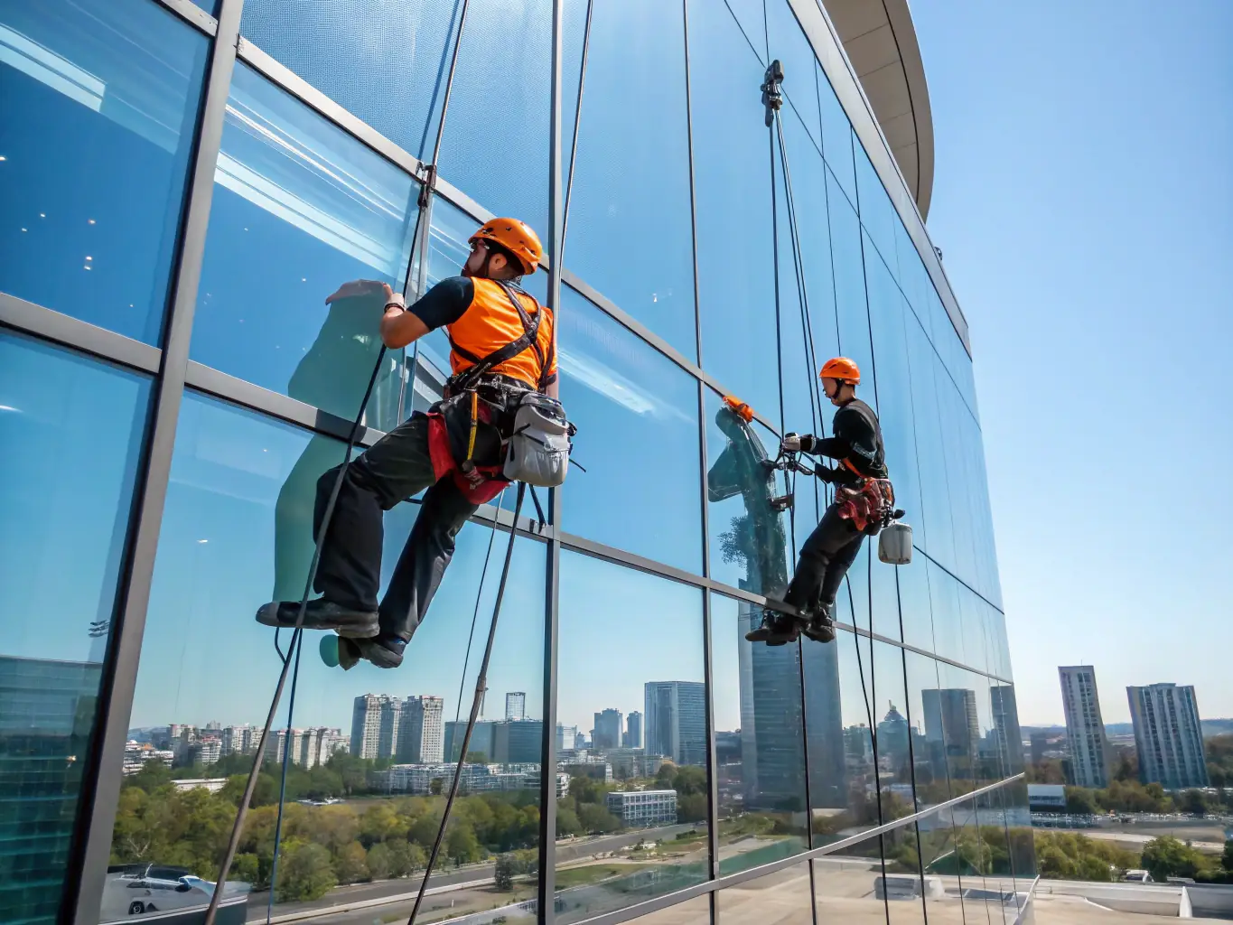 Technicians performing window cleaning and floor polishing in a commercial building, demonstrating specialized maintenance services.