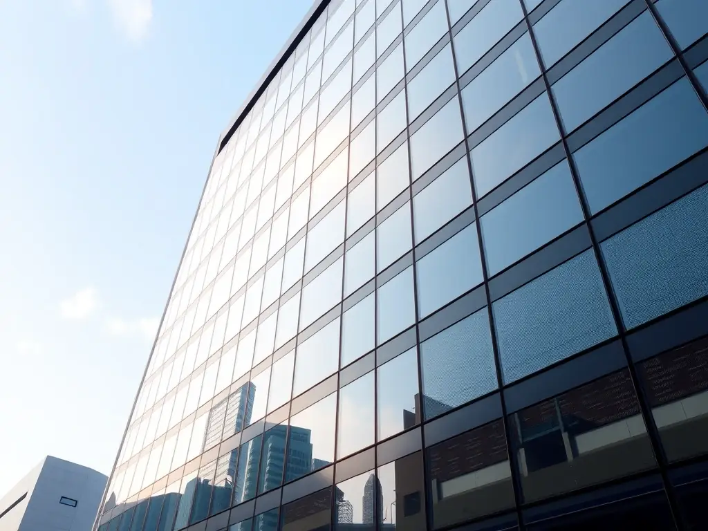 A modern office building exterior, showcasing a clean and well-maintained facade, reflecting the quality of commercial cleaning services offered by J E N BUILDING CLEANING SERVICES LLC.